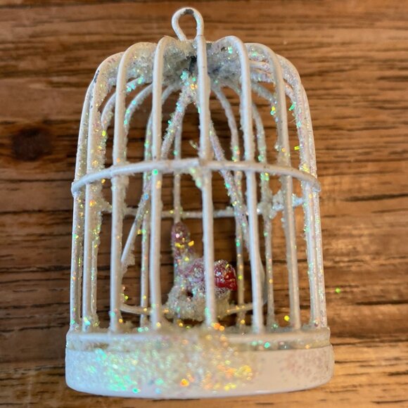 A Pair of White Wire Birdhouse Ornaments w/Red Birds on Swings - Picture 5 of 9